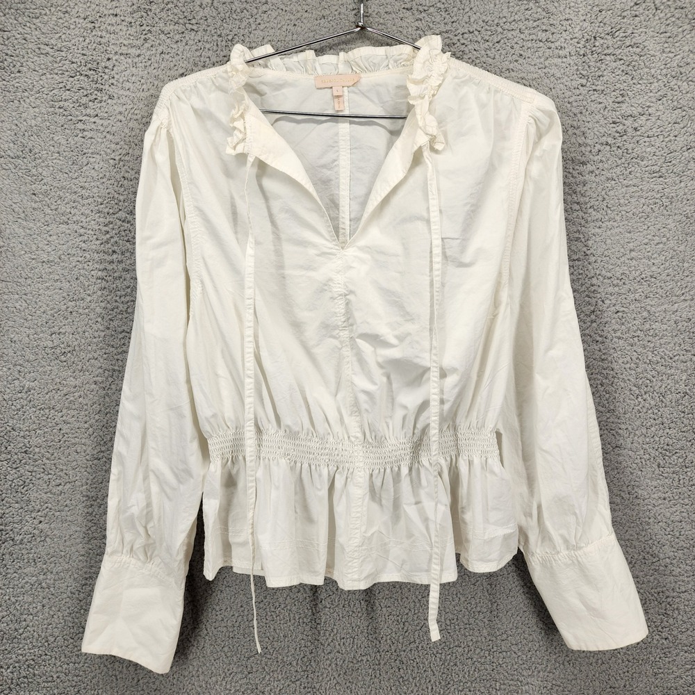Rebecca Taylor White Cotton Smocked Waist Ruffle Neck Tie Blouse Large